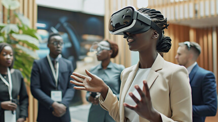 Young business black woman doing virtual reality presentation at work. Modern innovative technologies in everyday work using VR technology