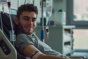 Young man smiles to camera during blood donation in transfusion center. 