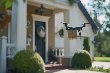 Smart package Drone Delivery home delivery. Box shipping ai trust parcel drone package delivery transportation. Logistic tech electric buses mobility transportation of tomorrow