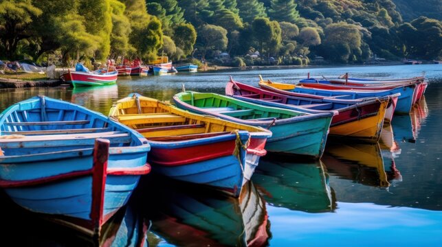 Colorful boats, Wooden Row Boats in glacial napal lake in bright colors