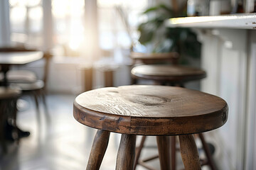 Rustic Wooden Stool in Sunlit Cafe: A Banner Image Evoking Warmth and Simplicity - obrazy, fototapety, plakaty