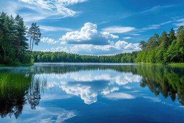 A stunning view of a large lake nestled amidst a dense forest, Heart-shaped clouds reflecting in a serene lake, AI Generated