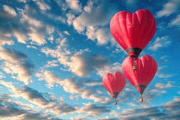 Fototapeta premium Three brightly colored hot air balloons with different patterns float gracefully in the sky, Heart-shaped hot air balloons floating in the sky, AI Generated