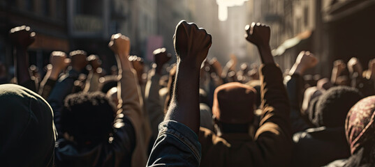 Raised fist of african american man in large angry protest riot crowd of people - obrazy, fototapety, plakaty