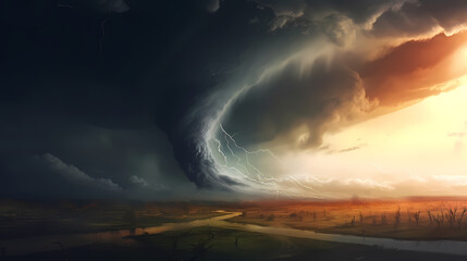 Fototapeta na wymiar Powerful tornado, catastrophic natural phenomenon