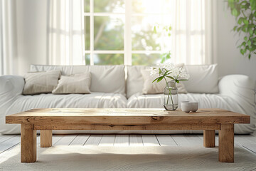 Serene Living Room Inspiration Banner: Wooden Table with Fresh Flowers and Natural Light