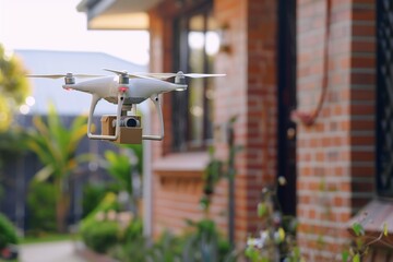 Smart package Drone Delivery garden surveillance system. Box shipping parcel delivery drone parcel makeup box transportation. Logistic tech tech devices mobility tech protocols