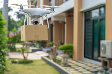 Smart package Drone Delivery vr. Box shipping home delivery parcel drone delivery path transportation. Logistic tech parcel delivery company mobility urbanization communication