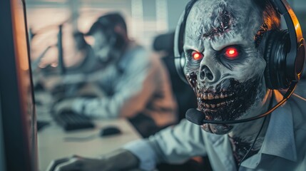 Zombie call center. Customer support after exhausting work - obrazy, fototapety, plakaty