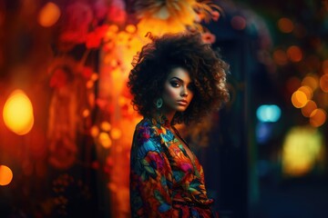 Beautiful african american woman with afro hairstyle and multicolored dress posing in night city