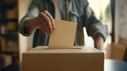 Close-Up of a Senior Hand Casting a Ballot into a Voting Box, Symbolizing Democratic Participation.  - obrazy, fototapety, plakaty