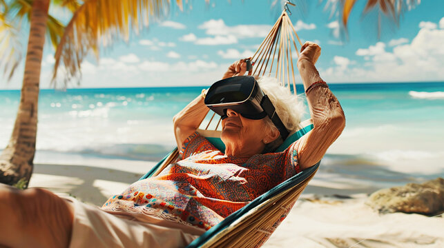 An elderly woman has virtual beach vacation using VR headset. Innovative technologies in the lives of older people, adventures, travel, psychological reboot