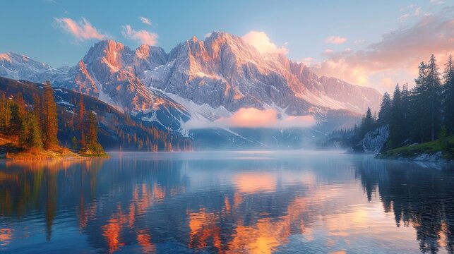 Calm morning view of Fusine lake. Colorful summer sunrise in Julian Alps with Mangart peak on background