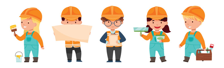Kids Builder Character Wearing Uniform and Hardhat with Professional Tool Vector Set