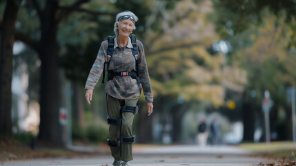 Joyful Elderly Woman Exercising Outdoors with Modern Walking Assistance Exoskeleton (AI Generated)