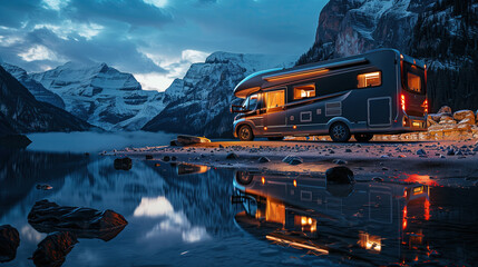 Luxury off-road motorhome on the background of the Rocky Mountain at night. Concept of the Quite Luxury