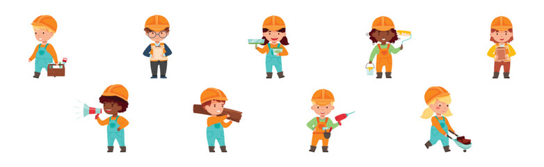 Kids Builder Character Wearing Uniform and Hardhat with Professional Tool Vector Set