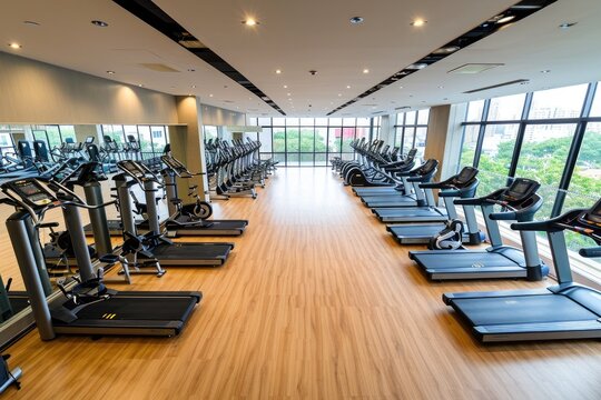 A large gym with numerous treadmills and an abundance of natural light pouring in through the windows, High angle view of a spacious gym with cardio machines, AI Generated