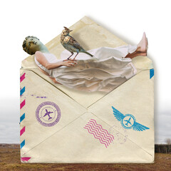Surrealistic collage illustration of an exhausted woman falling down into an envelope as a postcard, a bird sitting on her hand, concept of burnout, needing a break, isolated on white background