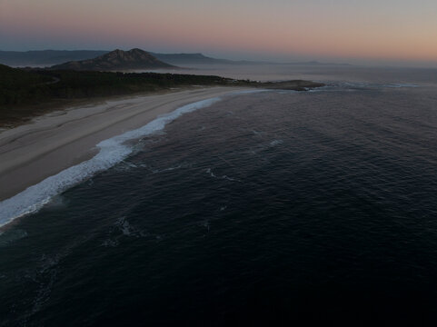 Aerial view of Monte Louro and Lari&ntilde;o beach at sunset. Carnota