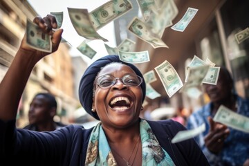 Happy person getting bonus money and banknotes flying in the air and get lucky rich and financial freedom comeliness - obrazy, fototapety, plakaty
