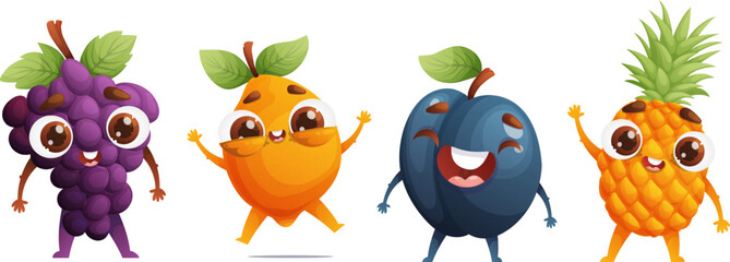 Set of four cute fruit characters. Little happy grapes, lemon, plum and pineapple. Dynamic poses, colorful detailed vector.