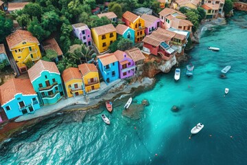 Fototapeta na wymiar An aerial photograph showcasing a cluster of vividly colored houses built on water, High-angle view of a colorful seaside town, AI Generated
