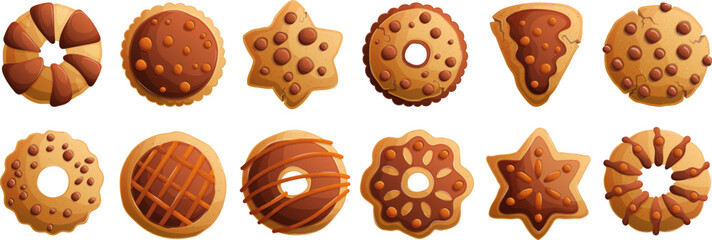 A large set of traditional chocolate cookies in different shapes. Shortbread cookies with chocolate chips. Detailed vector.