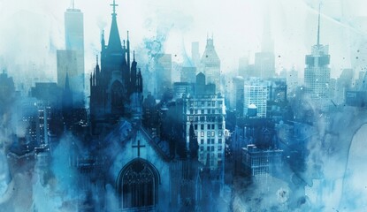 a watercolor illustration of a church in bright blue with a city view Generative AI