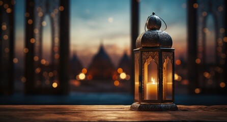 a lantern with a candle sitting on a table set in front of a window - obrazy, fototapety, plakaty