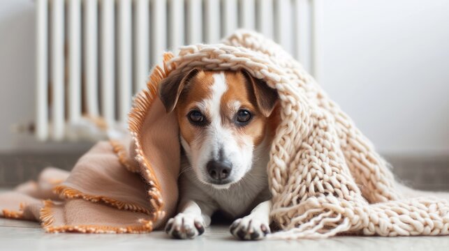 A cute dog is staying warm in the living room by snuggling under a blanket near the radiator.