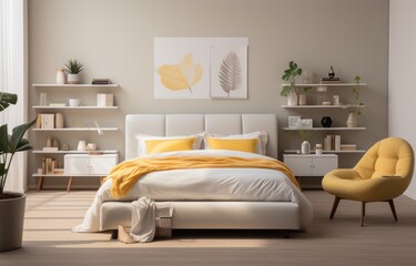 a bedroom style decorated in wood and white with yellow accents,