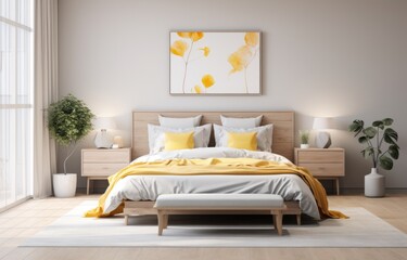 a bedroom style decorated in wood and white with yellow accents,