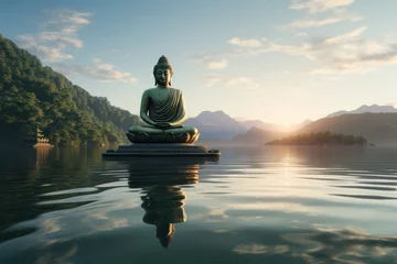 Stof per meter a gold buddha meditates by a lake © olegganko