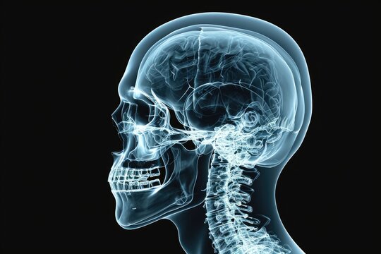This photo displays a detailed x-ray of a human head and neck, providing a clear visualization of the bones and structures, Highly detailed skeletal human head X-ray in 3D, AI Generated