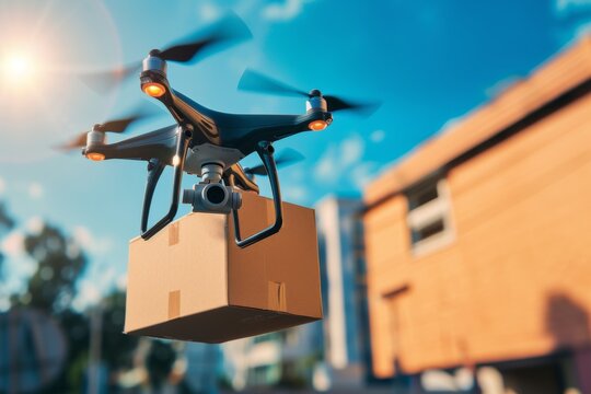Smart package Drone Delivery retail drone delivery. Box shipping humanitarian freight drone parcel agriculture freight drone transportation. Logistic tech v2p mobility slotted box
