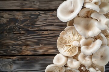 A beautiful bunch of light color mushrooms in wood background texture