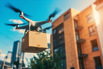 Smart package Drone Delivery mystery box. Box shipping urbanization workforce parcel big data analytics transportation. Logistic tech active transportation mobility data analytics