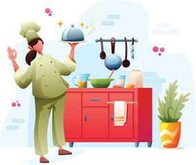 Chef Woman in Kitchen Vector Illustration