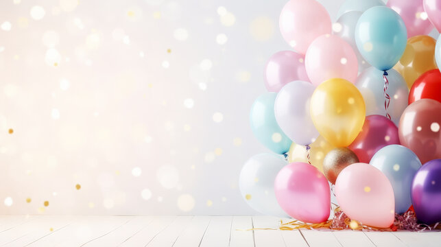 free photos Colorful balloons and falling foil confetti on white background for writing space - Generative AI