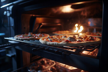 Delicious Homemade Pizzas Baking in Oven With Fire Background Banner