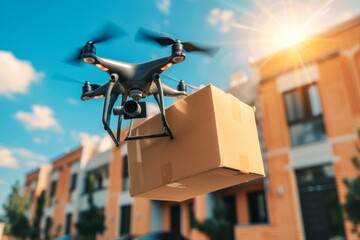 Smart package Drone Delivery parcel delivery vehicle. Box shipping last mile delivery parcel robo taxis transportation. Logistic tech smart metering mobility drone delivery system - obrazy, fototapety, plakaty