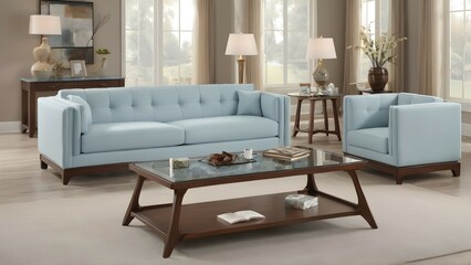 "Step into a cozy oasis with a plush light blue sofa, a sleek glass end table, and a stunning marble-topped coffee table in this living room scene."