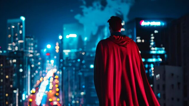 Back view of confident man in red cape looking at city at night