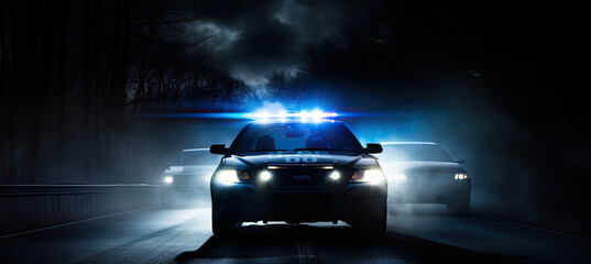 lights of police car at a dark night with smoke - obrazy, fototapety, plakaty