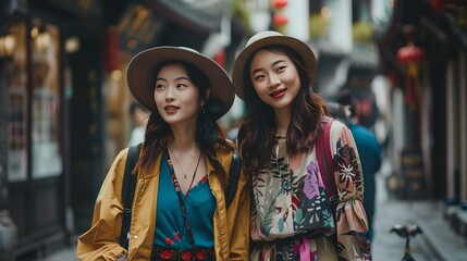Obraz premium Trendy young women exploring city streets, casual fashion, friendship goals. capturing smiles and style in urban exploration. AI