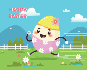 Vector cute poster for Easter Egg Hunt with colored egg. For holiday flyers and banners design. Funny running egg.