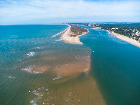 Aerial view of the Rompido Arrow (La Flecha del Rompido), a sand bank formed on the Rompido and Portil beaches that already reaches La Bota beach, in the municipality of Punta Umbria, Huelva province