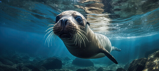Sea Lion Swimming Underwater background