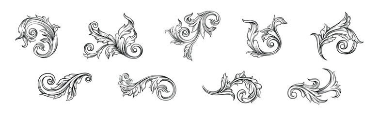 Baroque Scroll as Element of Ornament and Graphic Design with Spirals Vector Set